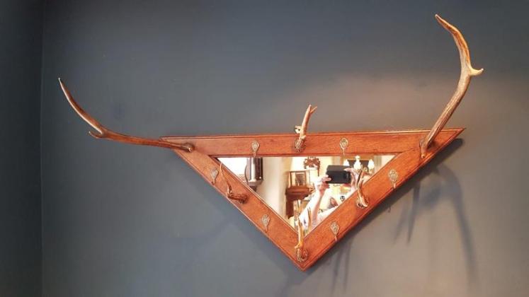 Edwardian Oak Hall Mirror With Antler Coat Hooks  - Image 2