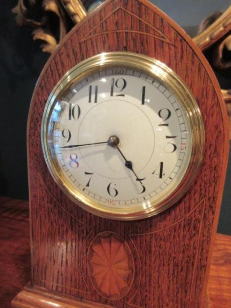 Edwardian Polished Oak Sheraton Inlaid Mantel Clock - Image 2