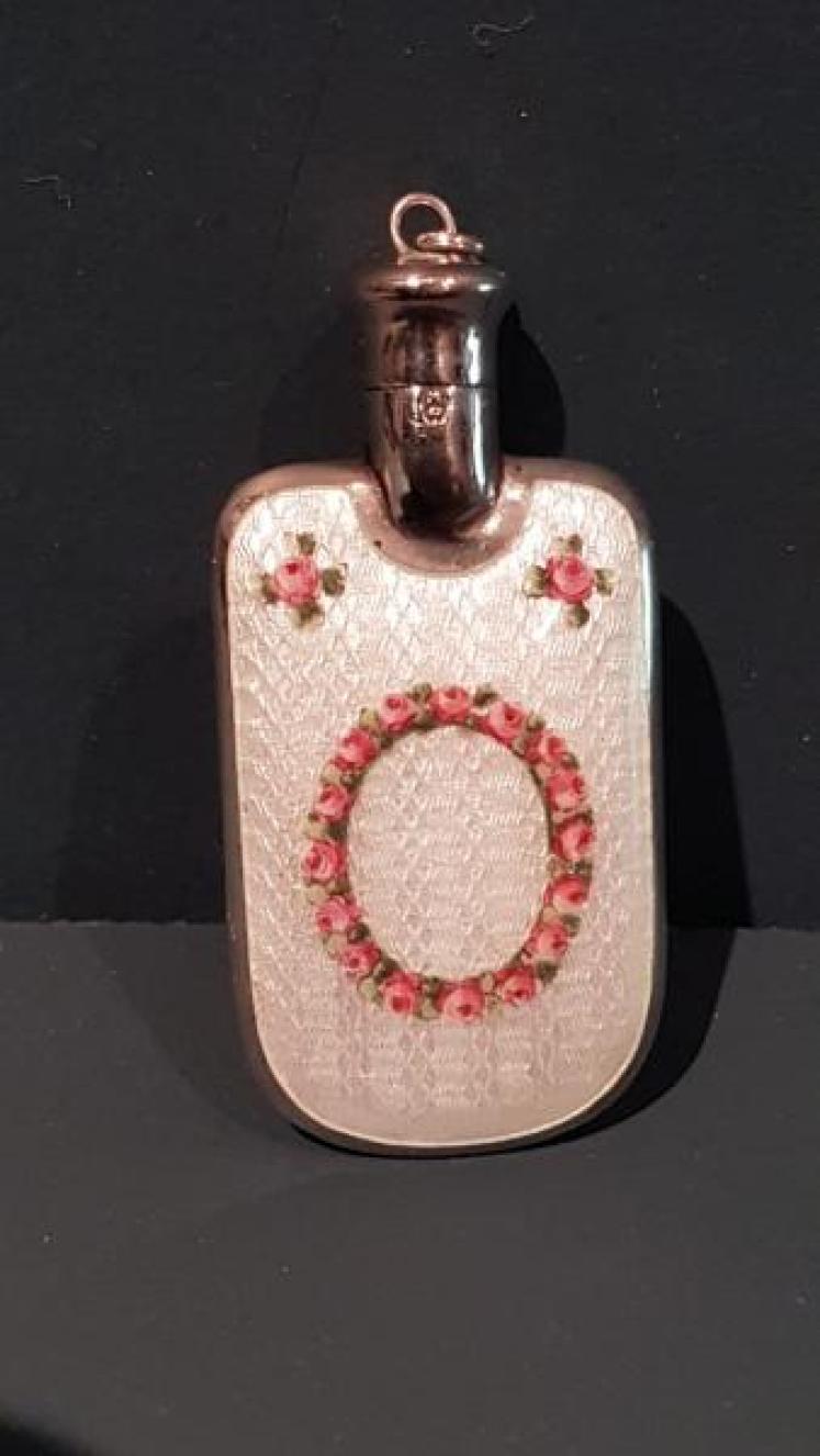 Antique Engine Turned Enamel Silver Pocket Scent Bottle - Image 1