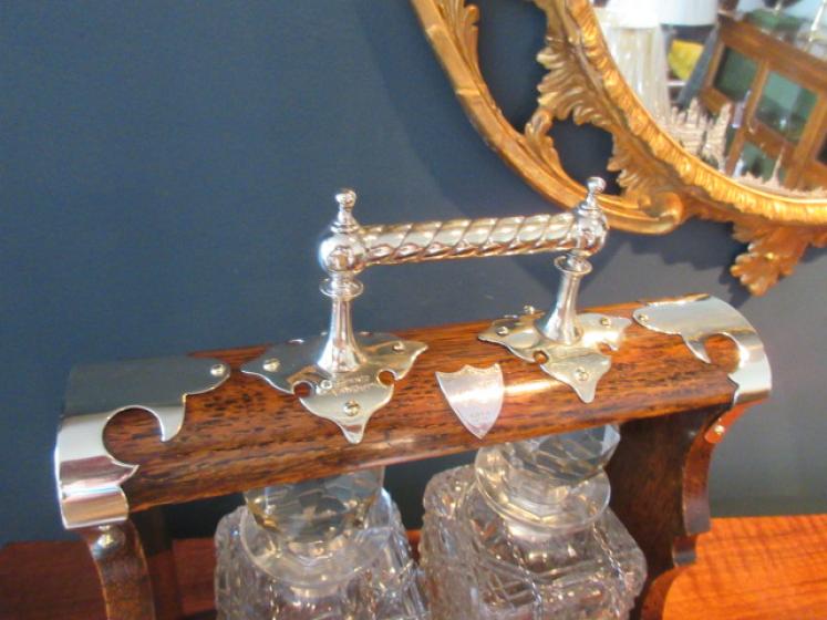 Superior Victorian Oak & Silvered Two Bottle Tantalus - Image 2