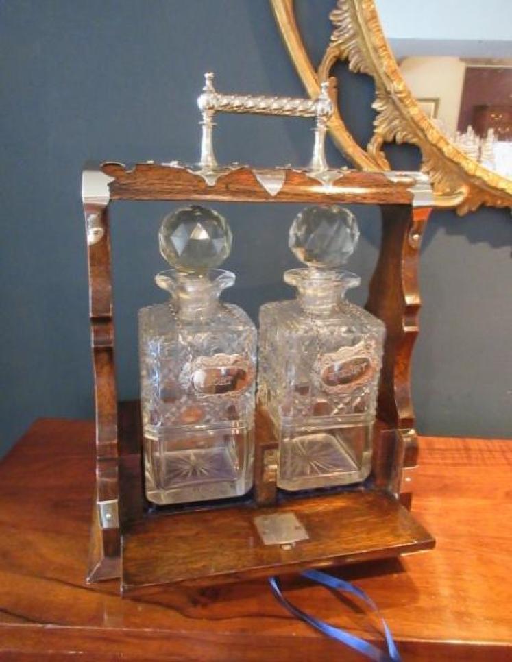 Superior Victorian Oak & Silvered Two Bottle Tantalus - Image 4