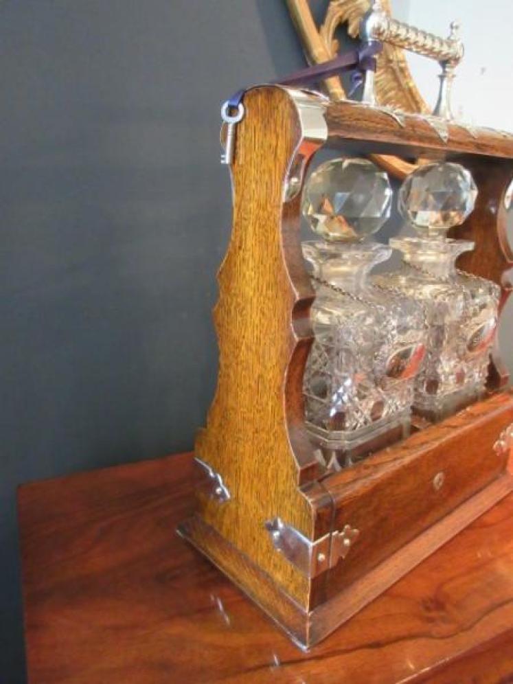 Superior Victorian Oak & Silvered Two Bottle Tantalus - Image 6