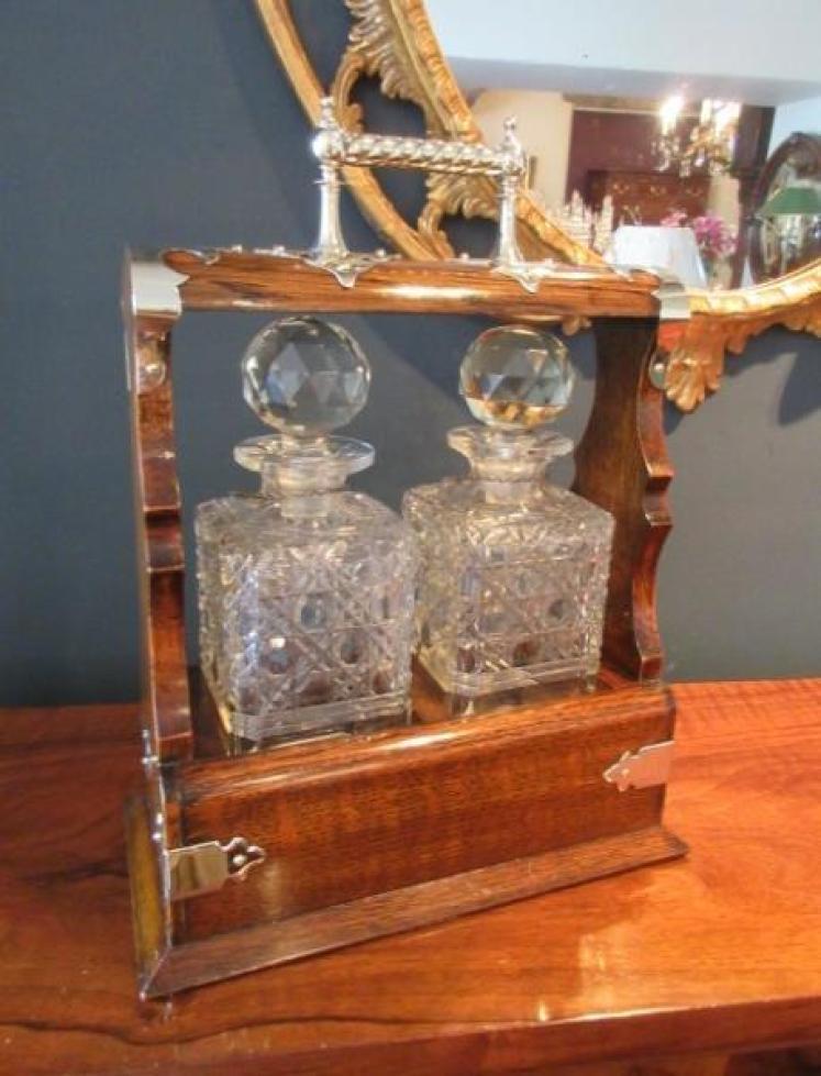Superior Victorian Oak & Silvered Two Bottle Tantalus - Image 7