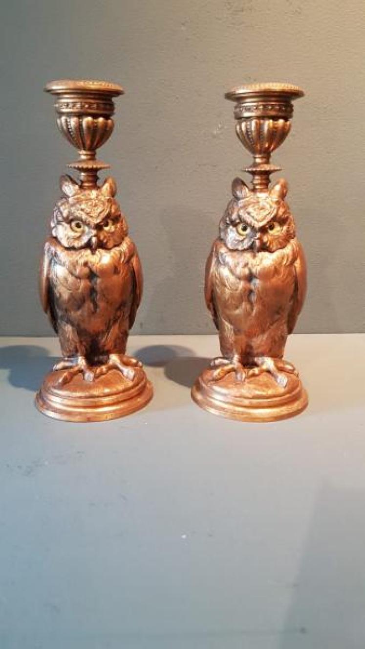 Pair of Edwardian Bronzed Owl Candlesticks - Image 1