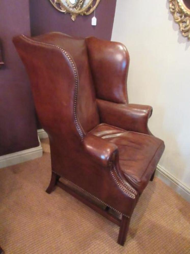 Superb Antique Tan Leather Wing Armchair - Image 7