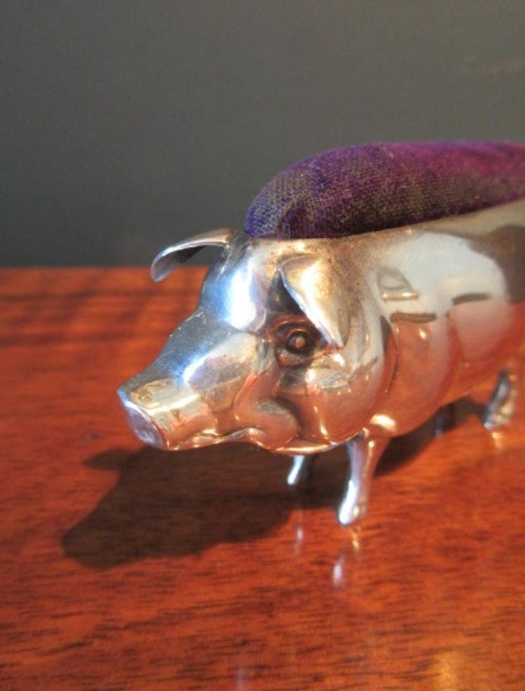 Large Antique Solid Silver Pig Pin Cushion - Image 2