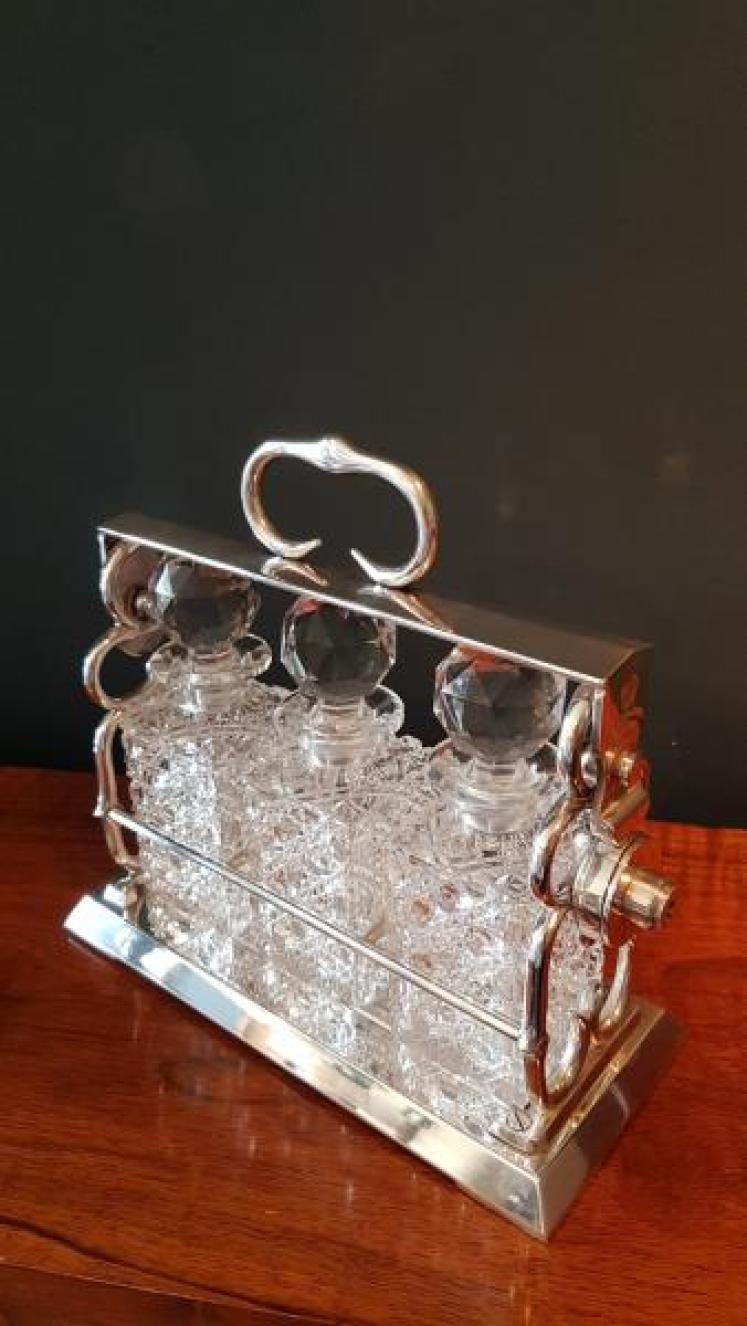 Victorian Silver Plate and Cut Crystal Three Bottle Tantalus - Image 6