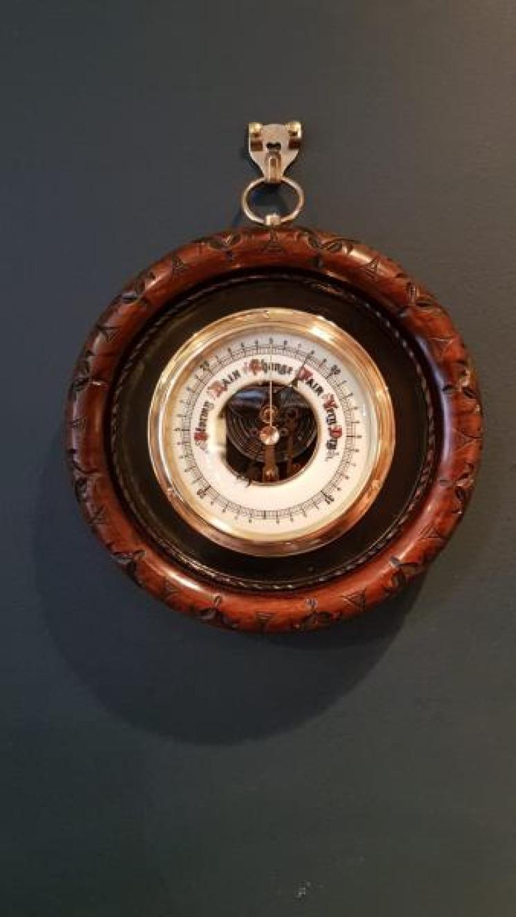 Quality Victorian Carved Mahogany Aneroid Barometer - Image 1