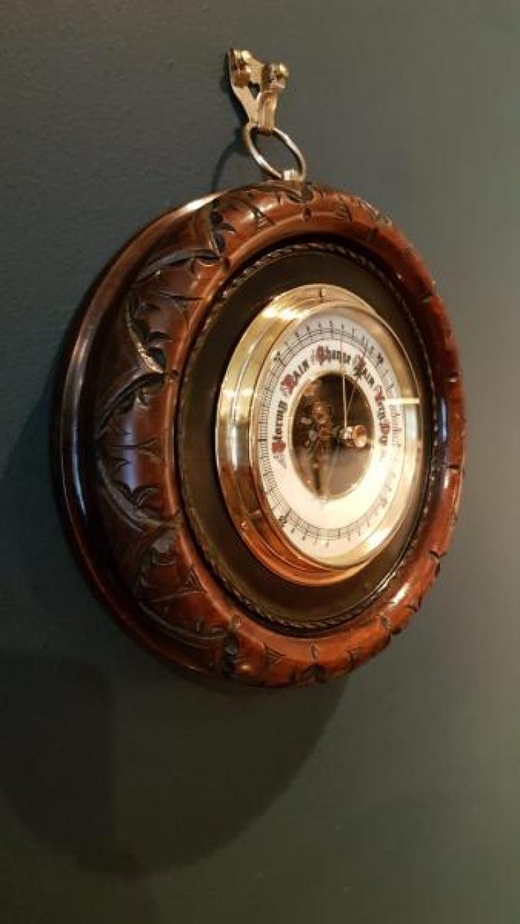 Quality Victorian Carved Mahogany Aneroid Barometer - Image 6