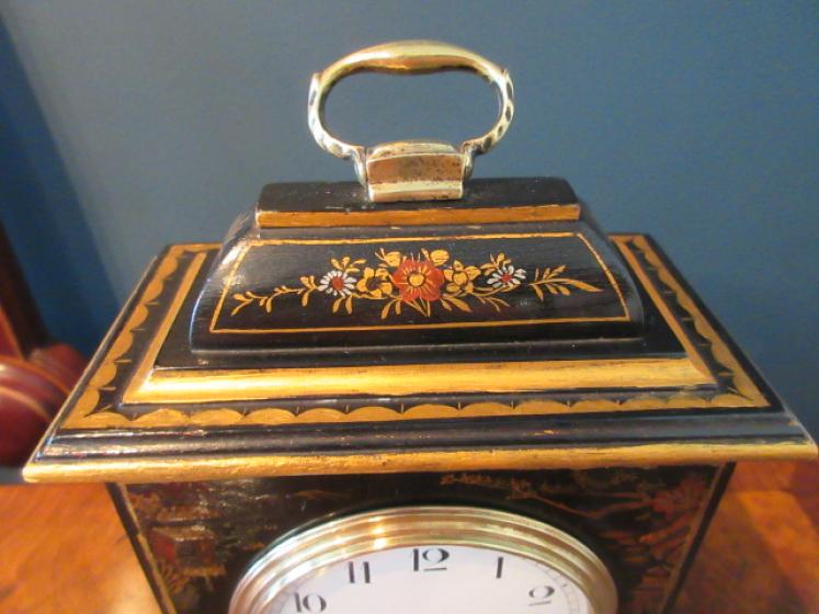 Antique Chinioserie Black Lacquered Mantel Clock - Image 2
