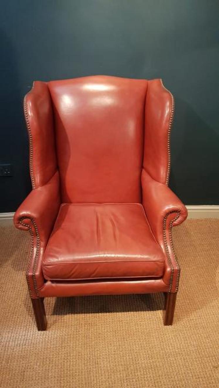 Original 1920's Red Hide Wing Back Arm Chair - Image 5
