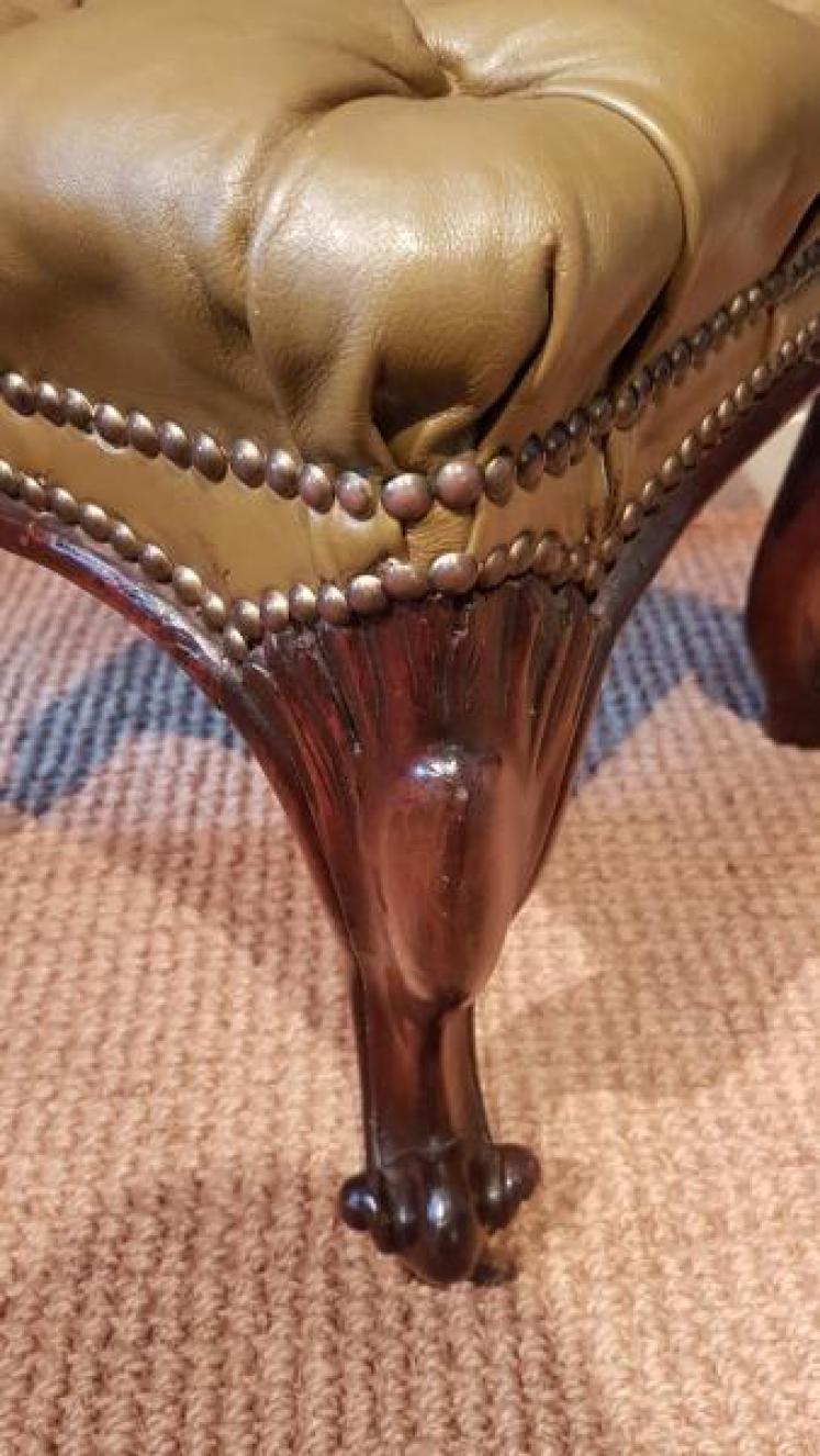 Victorian Rosewood Cabriole Leg Stool with Olive Hide Upholstery  - Image 5