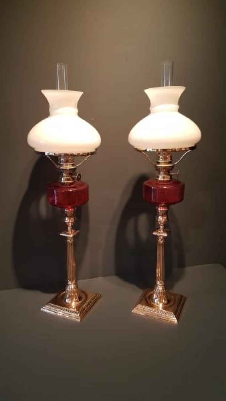 Matching Pair of Victorian Cranberry Glass Oil Lamps - Image 1