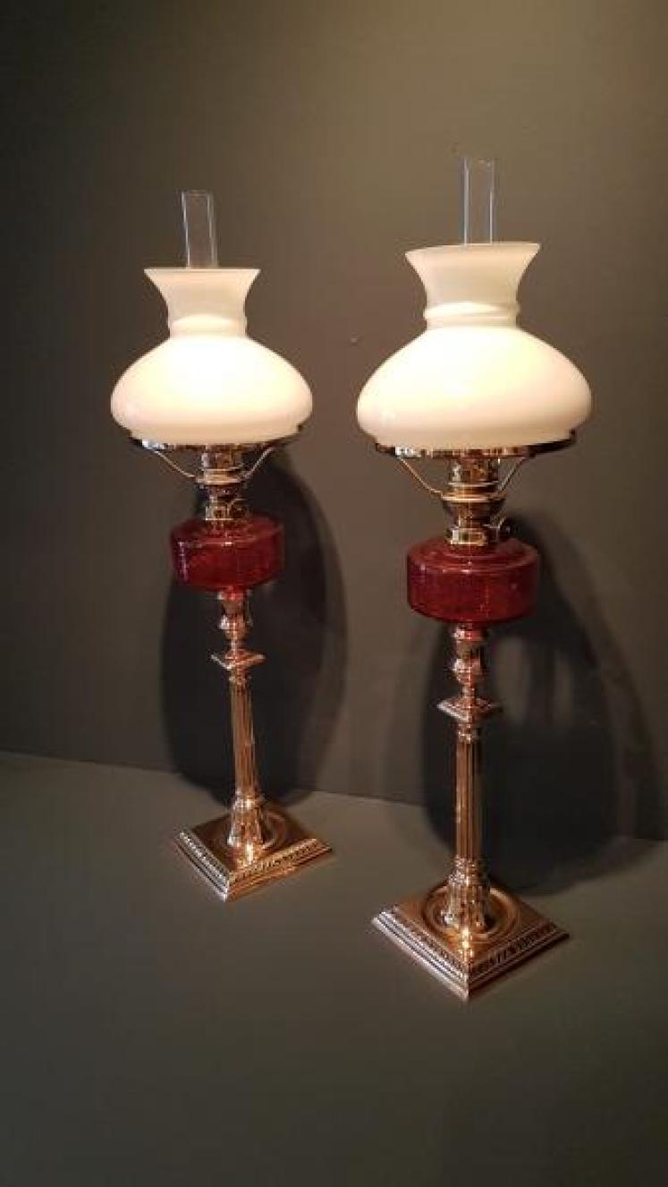 Matching Pair of Victorian Cranberry Glass Oil Lamps - Image 2