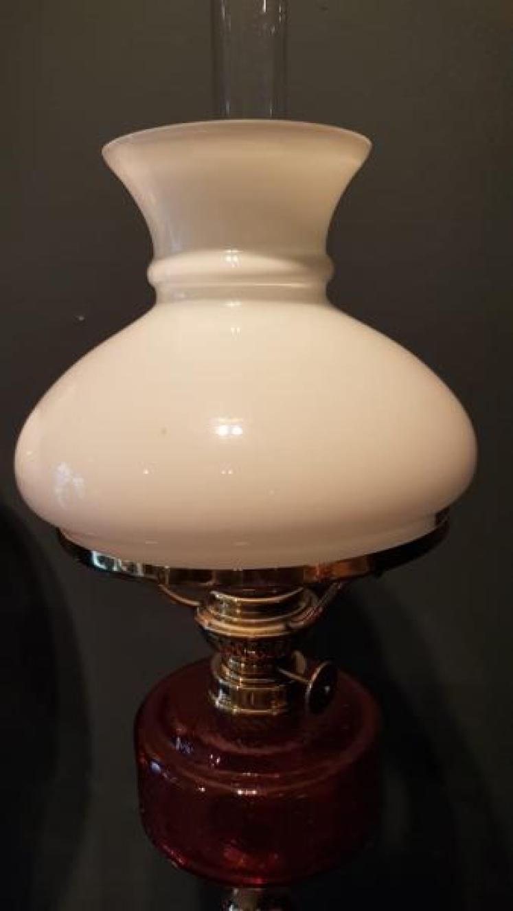 Matching Pair of Victorian Cranberry Glass Oil Lamps - Image 3