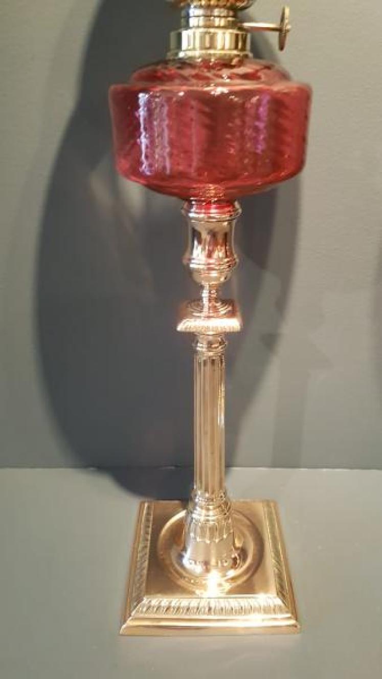 Matching Pair of Victorian Cranberry Glass Oil Lamps - Image 4