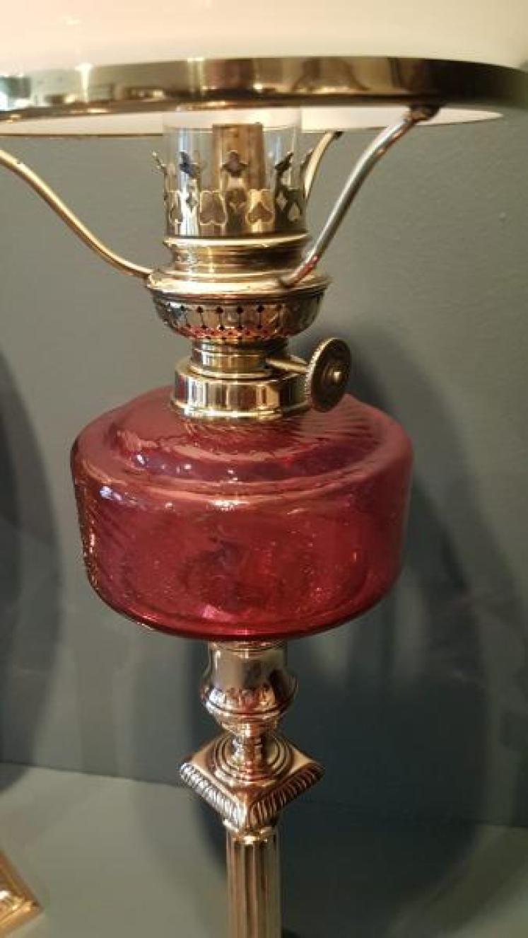 Matching Pair of Victorian Cranberry Glass Oil Lamps - Image 5