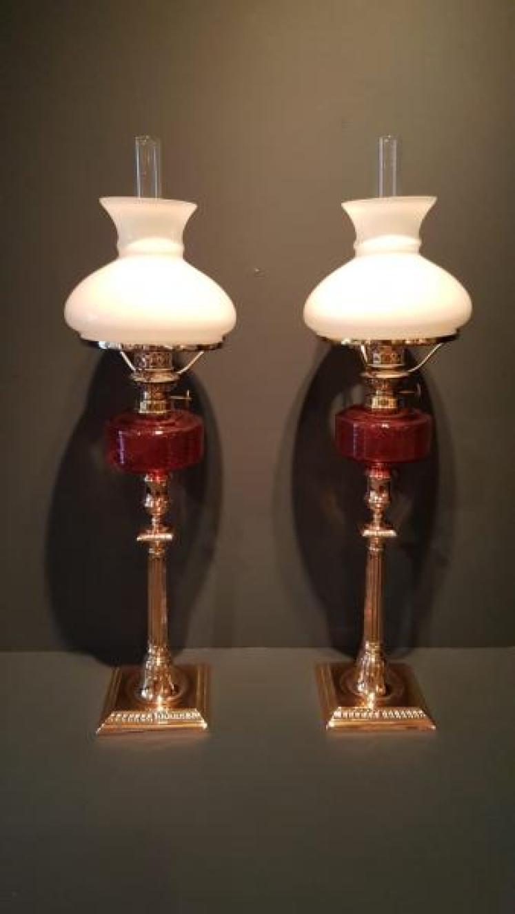 Matching Pair of Victorian Cranberry Glass Oil Lamps - Image 7