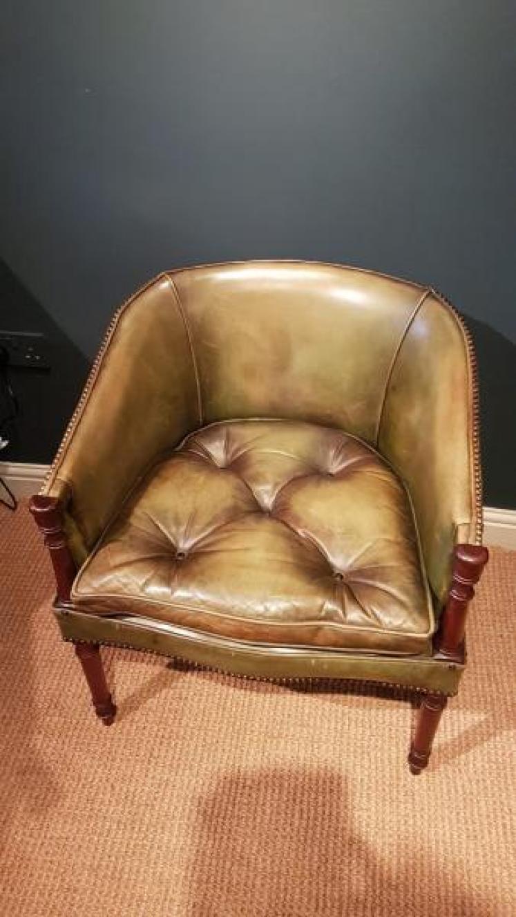 1920's Olive Hide Tub Chair - Image 6