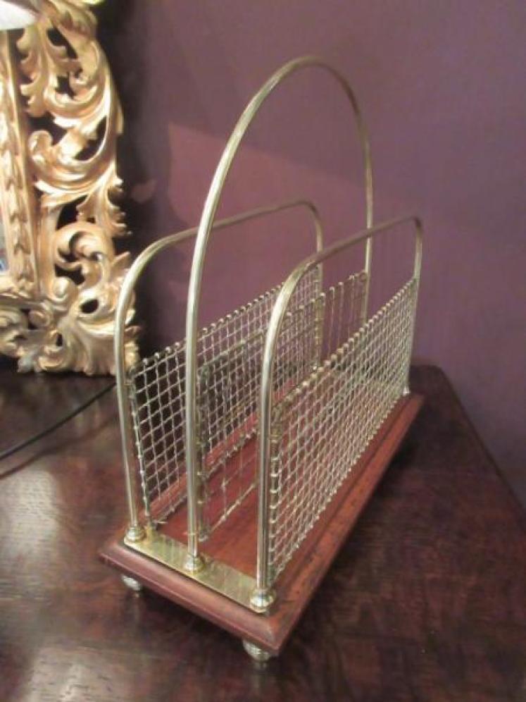 Antique Solid Brass & Oak Magazine Rack - Image 2