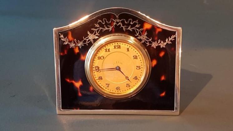 George V Silver and Tortoise Shell Table Clock - Image 1