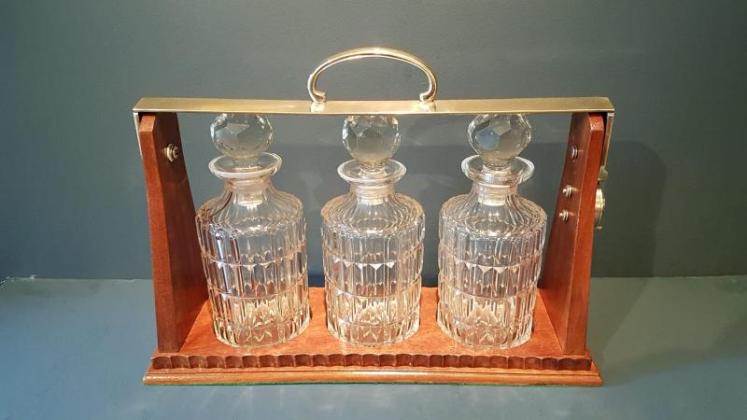 Victorian Mahogany and Brass 3 Bottle Tantalus - Image 1