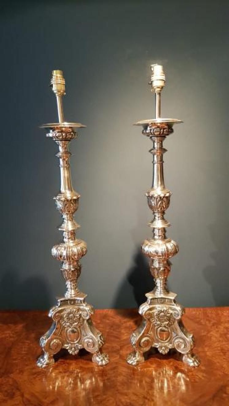 Matching Pair of Antique Brass Candlestick Lamps - Image 1