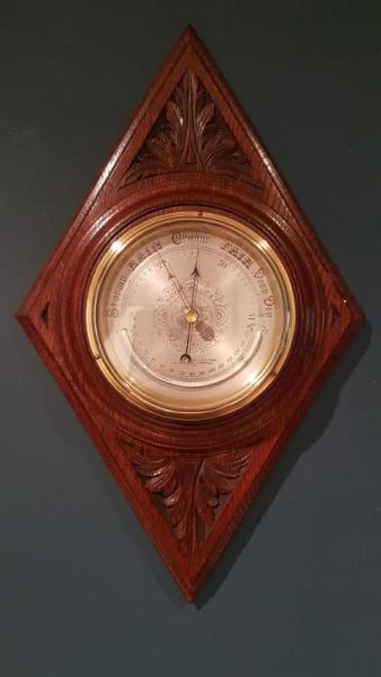 Victorian Oak Carved Barometer and Crescent Thermometer - Image 1