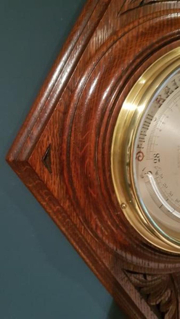 Victorian Oak Carved Barometer and Crescent Thermometer - Image 5