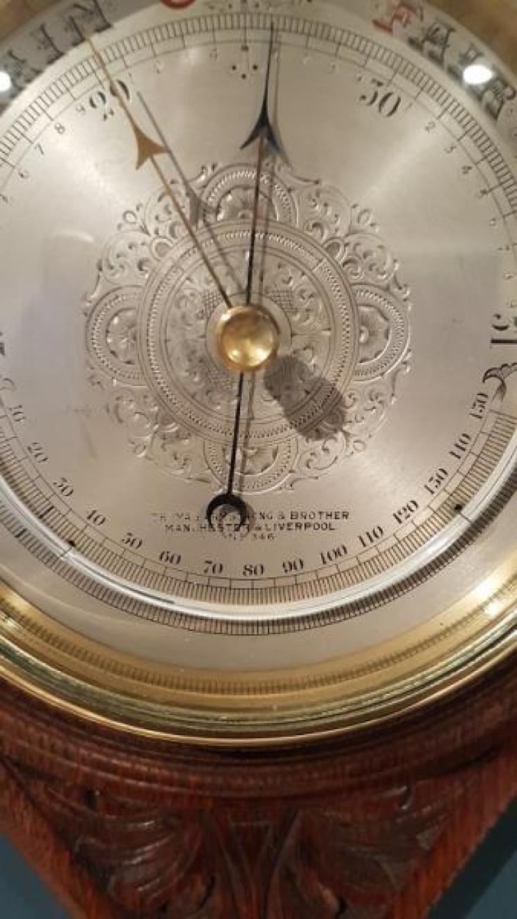 Victorian Oak Carved Barometer and Crescent Thermometer - Image 6