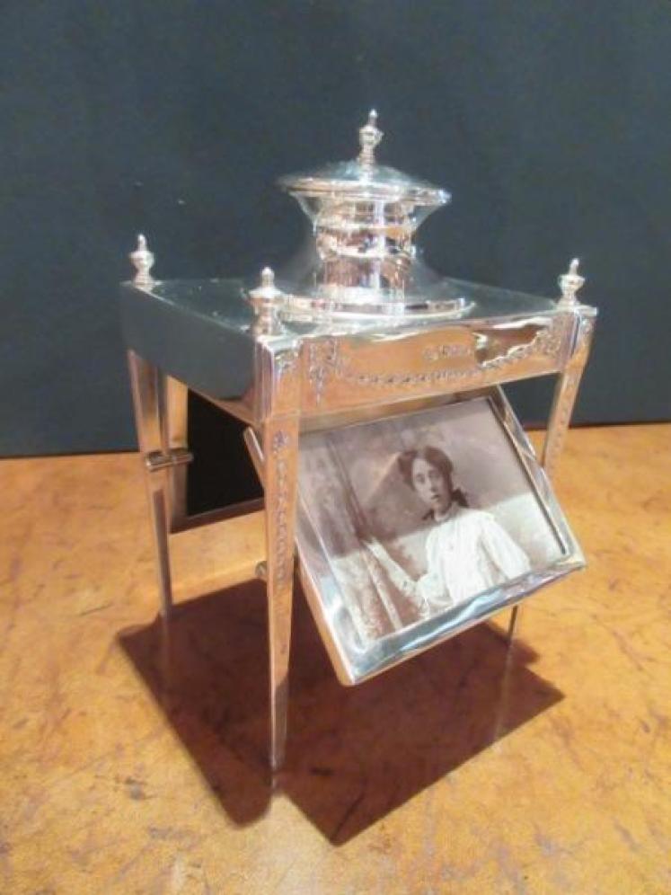 Superb Antique Silver Desktop Photo Frame & Inkwell Stand - Image 1