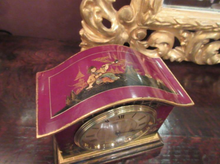 Antique Maroon Chinoiserie 8 Day Lacquered Mantel Clock - Image 3