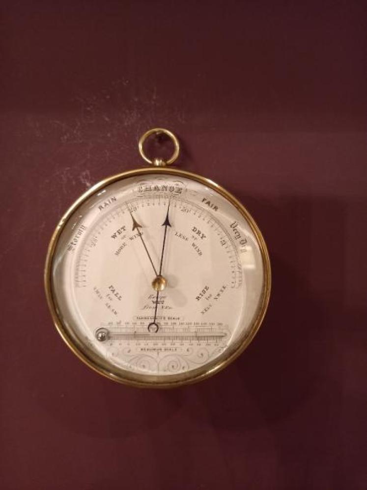 Antique Polished Brass Marine Barometer with Thermometer - Image 1