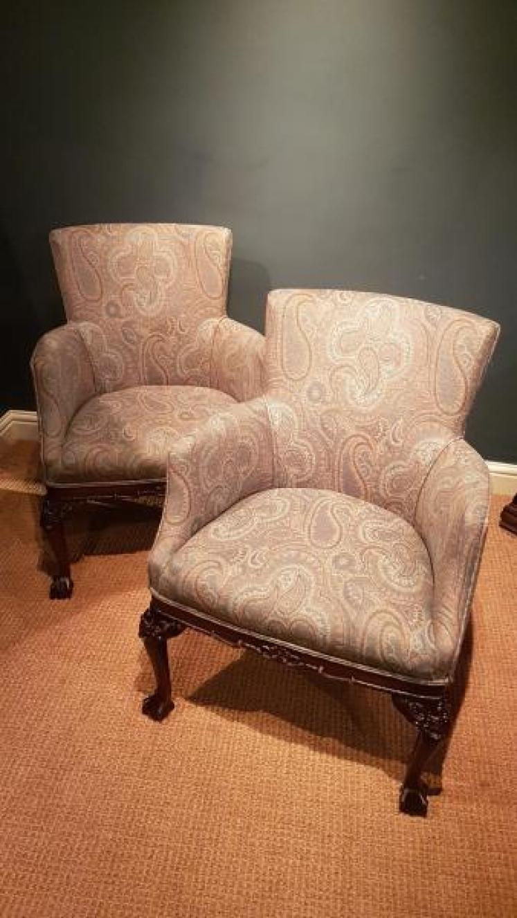 Pair of Antique Upholstered Arm Chairs - Image 1