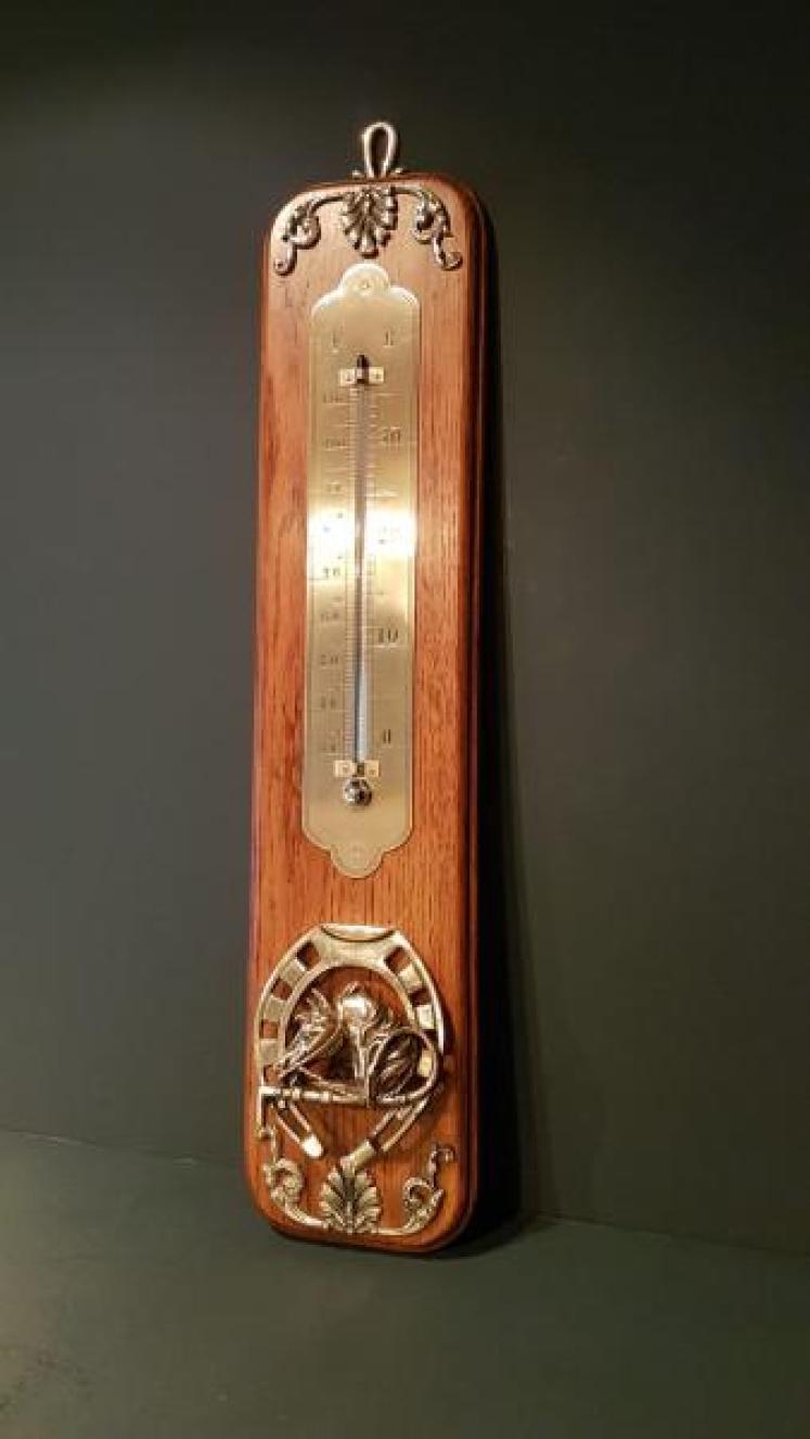 Antique Horse Themed Oak Wall Thermometer - Image 1
