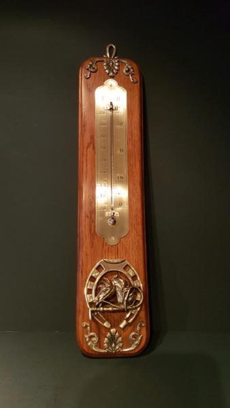 Antique Horse Themed Oak Wall Thermometer - Image 5