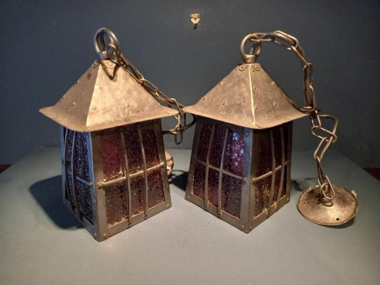 Pair of Arts & Crafts Polished Steel Hanging Lanterns - Image 1
