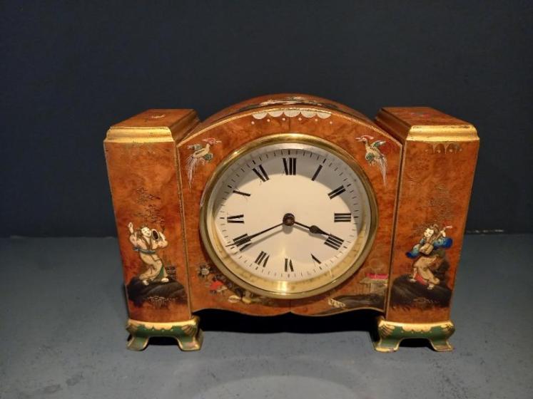 Antique Chinoiserie Burr Walnut Mantel Clock - Image 1