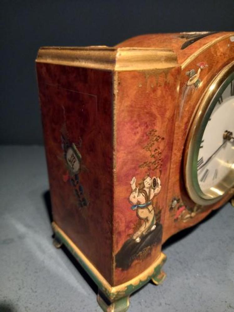 Antique Chinoiserie Burr Walnut Mantel Clock - Image 3