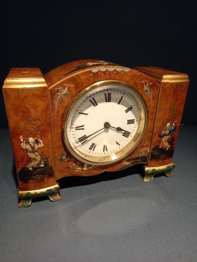 Antique Chinoiserie Burr Walnut Mantel Clock - Image 7