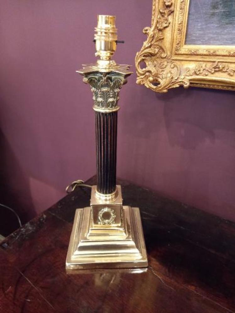 Antique Brass & Mahogany Corinthian Column Table Lamp - Image 1