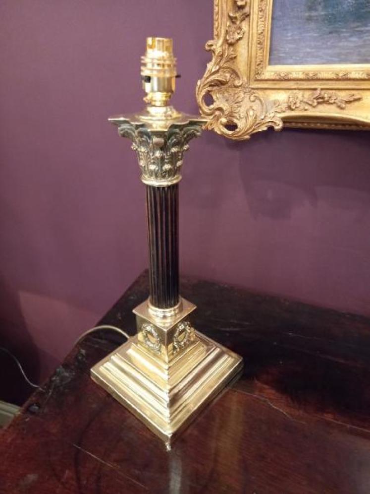 Antique Brass & Mahogany Corinthian Column Table Lamp - Image 6