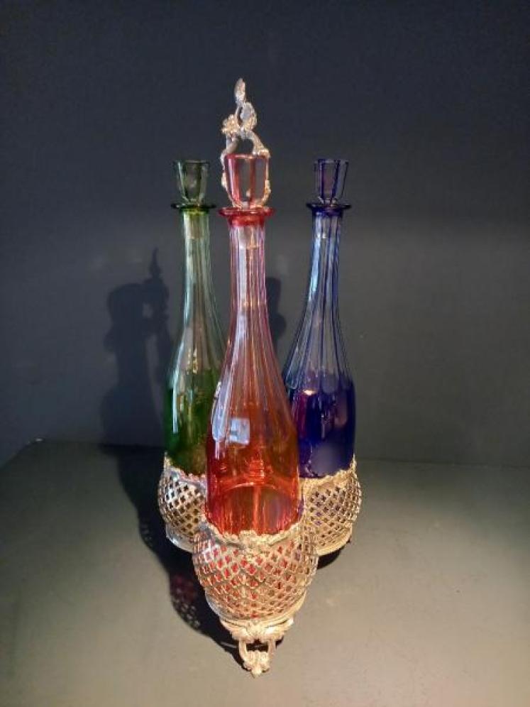 Superb Antique Cut & Flashed Three Bottle Tantalus - Image 1