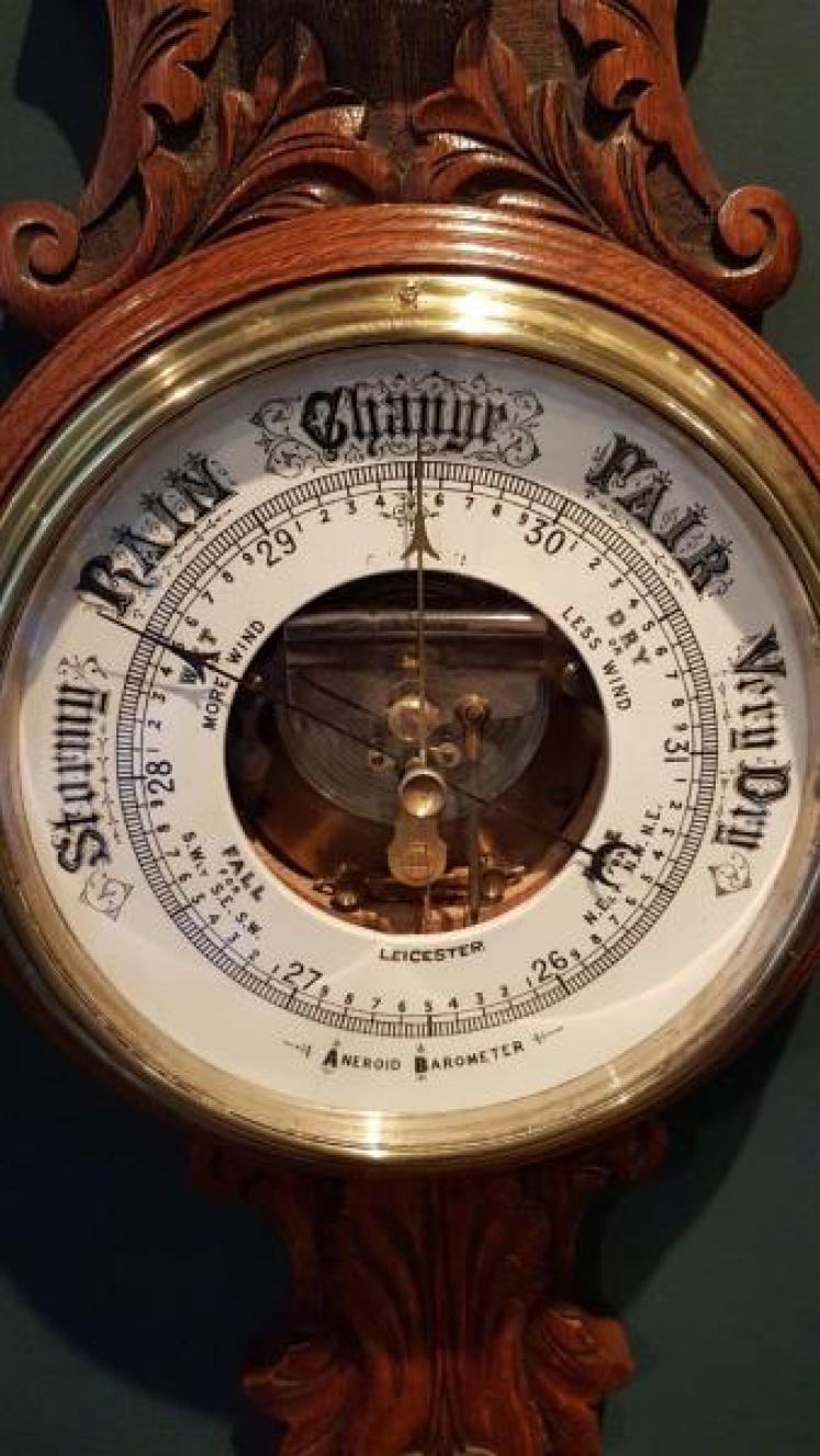 Victorian Carved Oak Banjo Barometer with Skeletonised Movement - Image 4