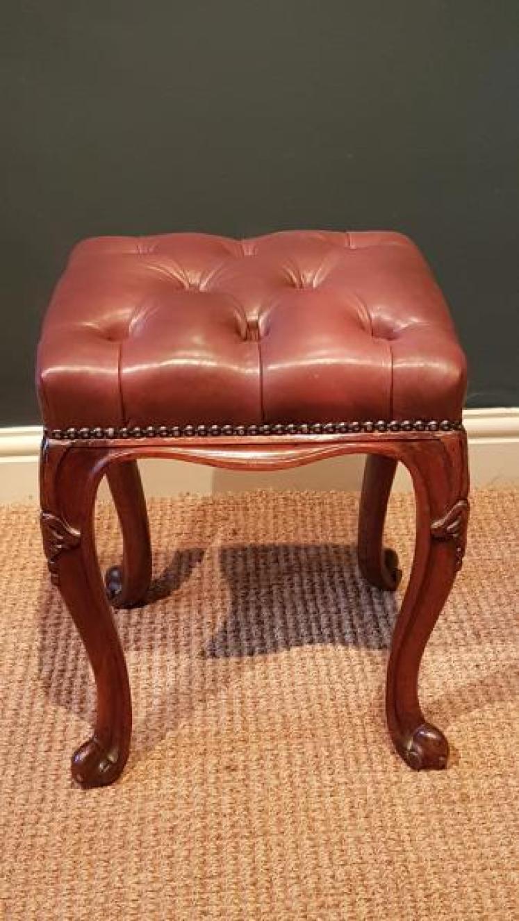 Antique Rosewood Cabriole Leg Leather Top Stool - Image 1