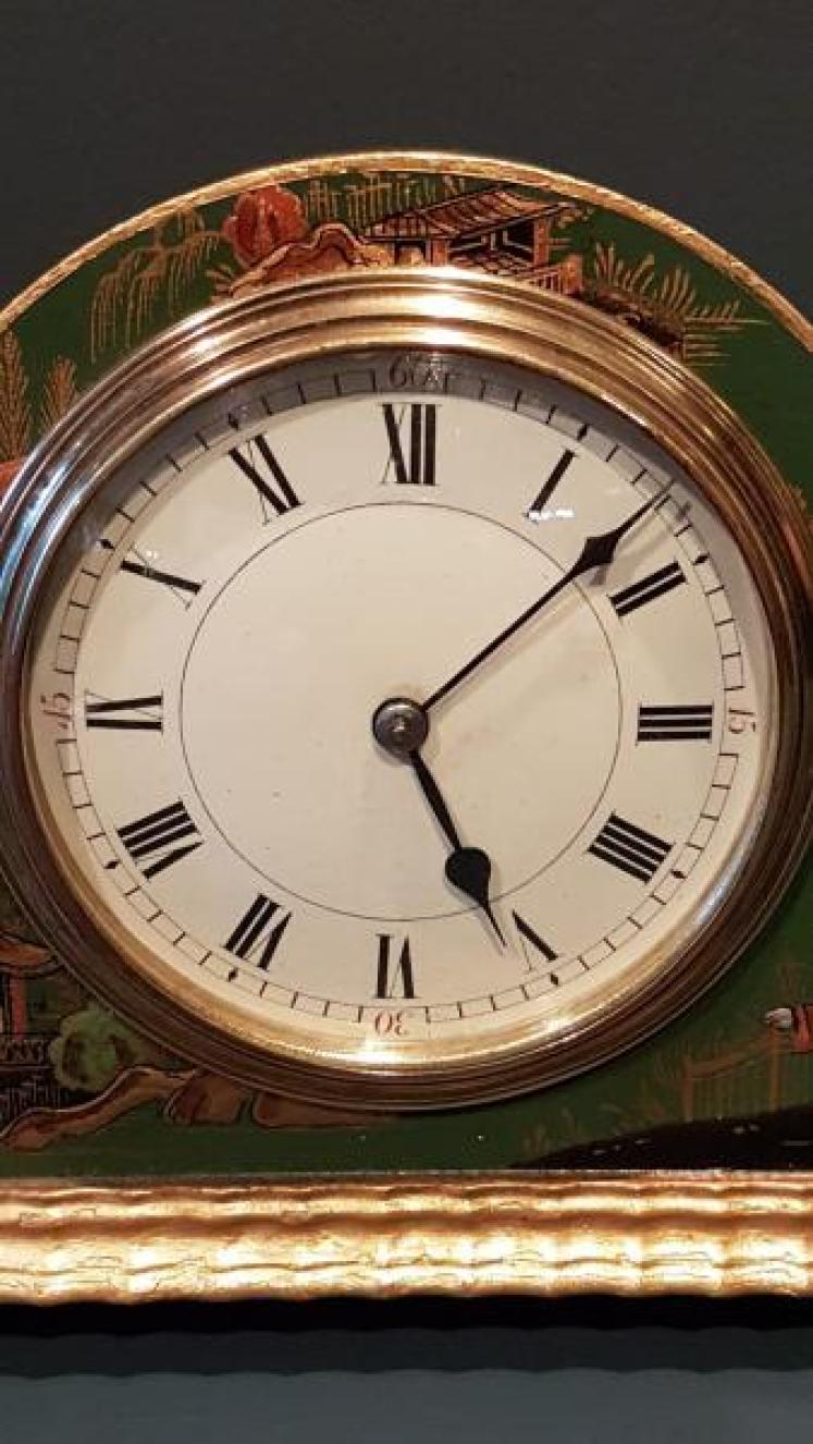 Edwardian Green Chinoiserie Napoleon Hat Mantel Clock - Image 3