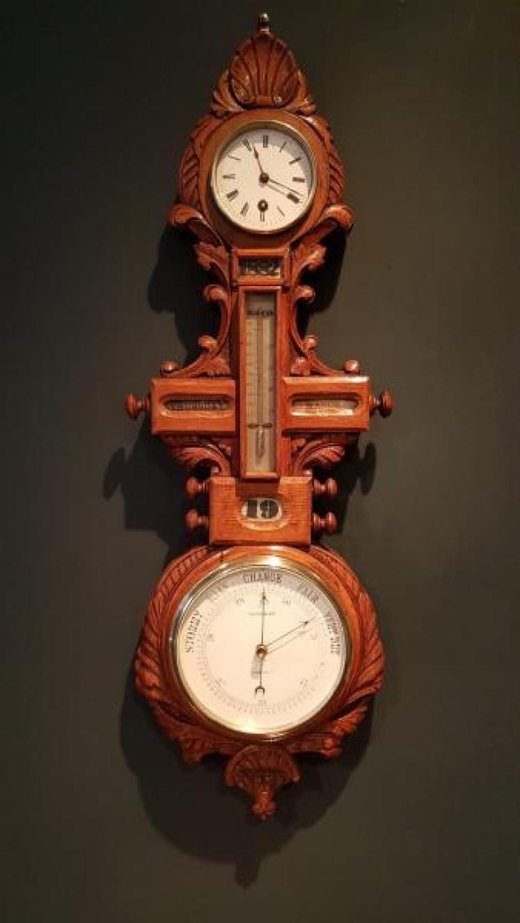 Unusual Victorian Carved Oak Barometer Clock and Calendar combination - Image 1