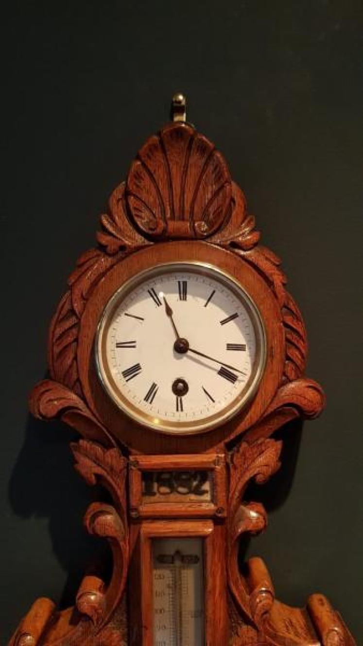 Unusual Victorian Carved Oak Barometer Clock and Calendar combination - Image 2
