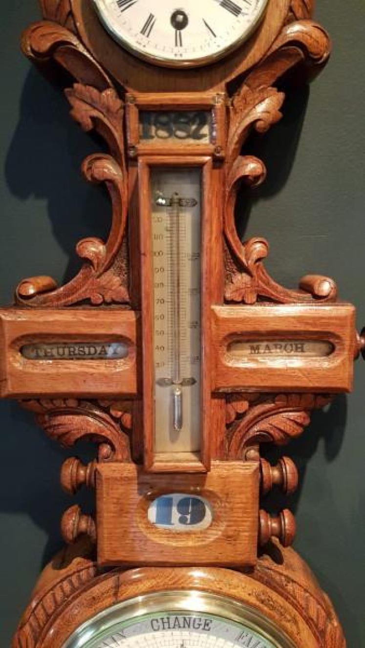 Unusual Victorian Carved Oak Barometer Clock and Calendar combination - Image 3
