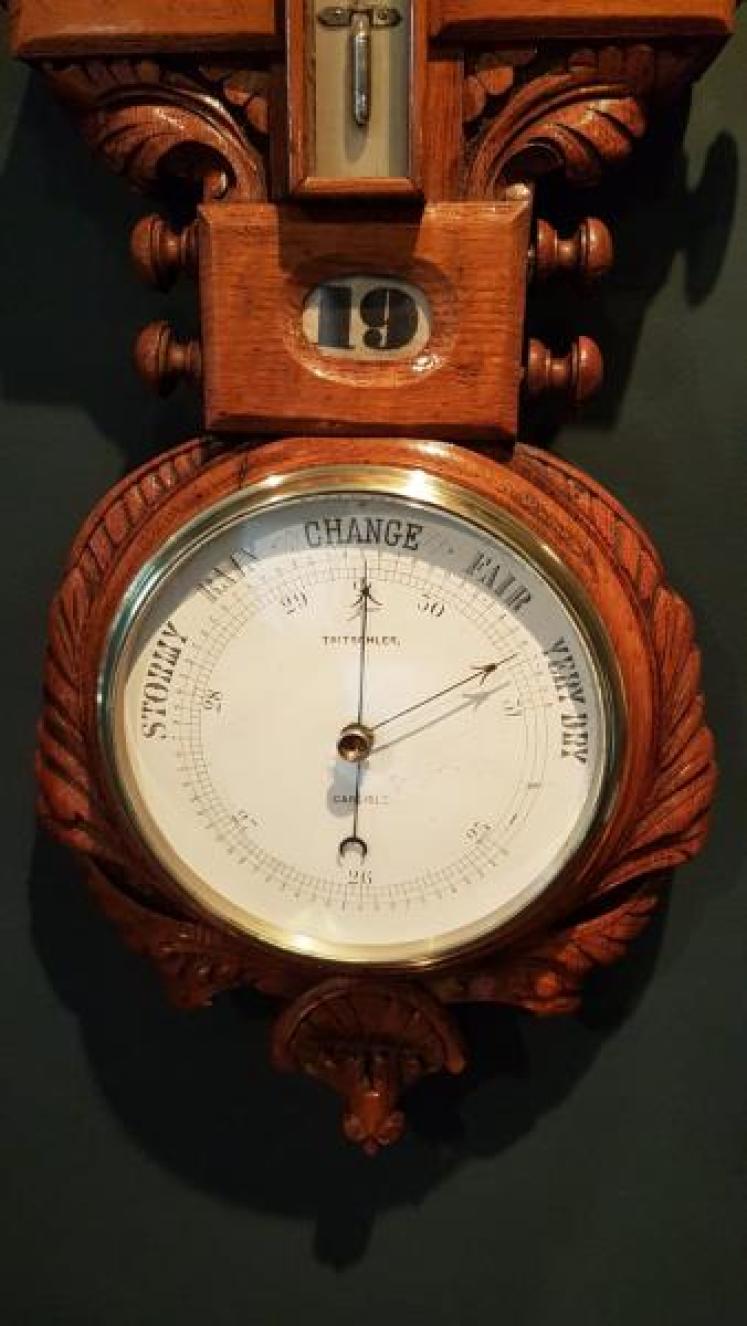 Unusual Victorian Carved Oak Barometer Clock and Calendar combination - Image 4
